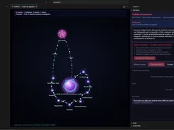 CAWRA IDE showing a central planning workflow graph with nodes labeled Resultado, Analizador, Planificador, and verification stages, alongside the CAWRA Orchestrator planning panel and job history.