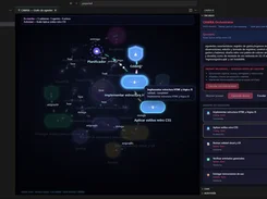 CAWRA IDE workspace with a dimmed agent workflow graph, a tooltip for an HTML and JavaScript task, and a CAWRA Orchestrator panel showing task execution states.