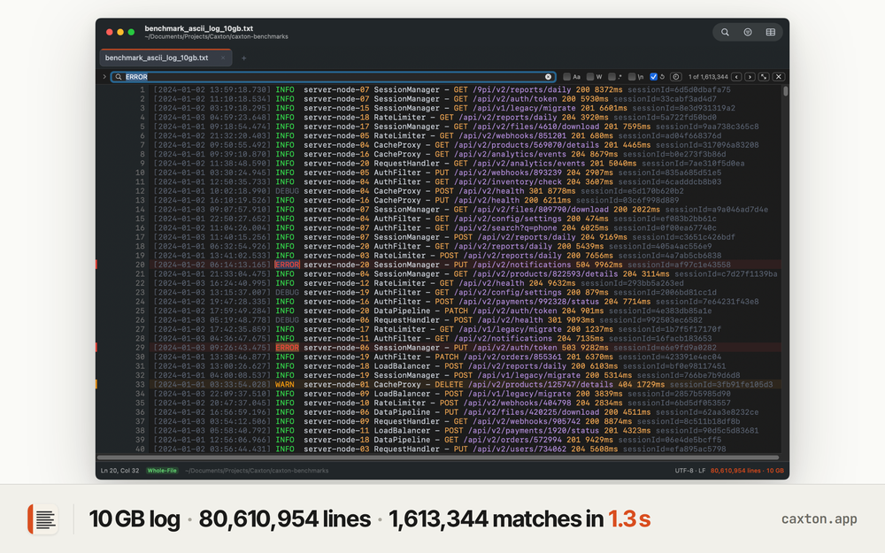 Log search shot: 10 GB log · 80,610,954 lines · 1,613,344 matches in 1.3s