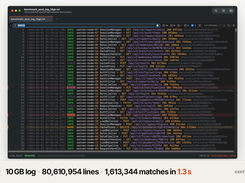 Log search shot: 10 GB log · 80,610,954 lines · 1,613,344 matches in 1.3s