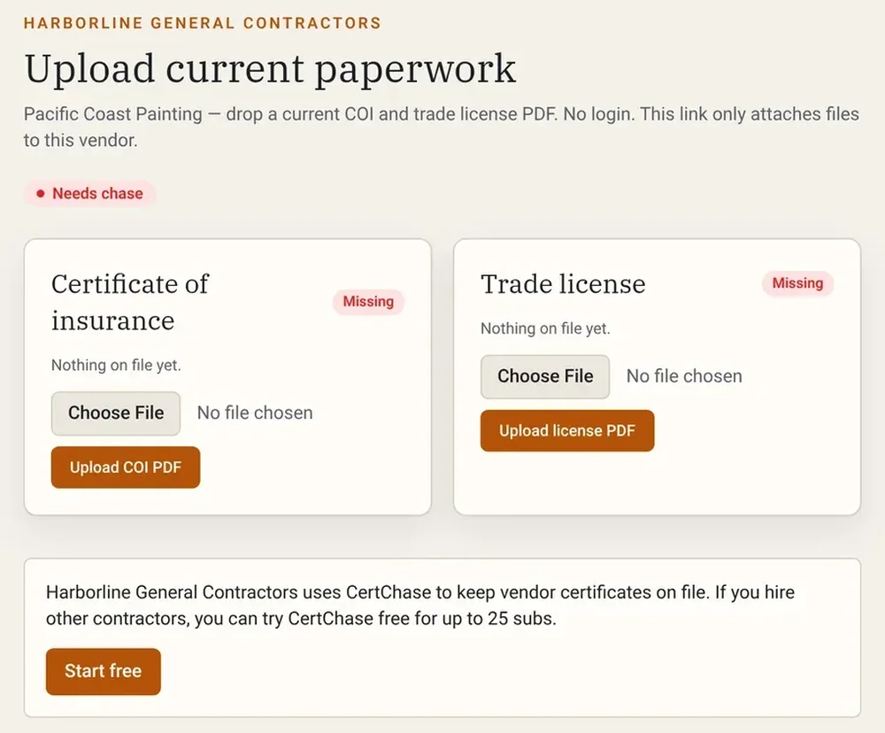 CertChase upload page for Pacific Coast Painting with separate file-upload panels for a certificate of insurance and trade license.
