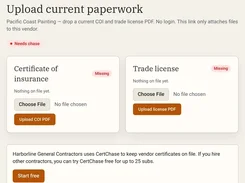CertChase upload page for Pacific Coast Painting with separate file-upload panels for a certificate of insurance and trade license.