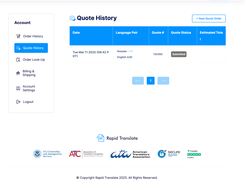 Review past translation orders at a glance — language pairs, order numbers, status, and totals, all in one organized view.