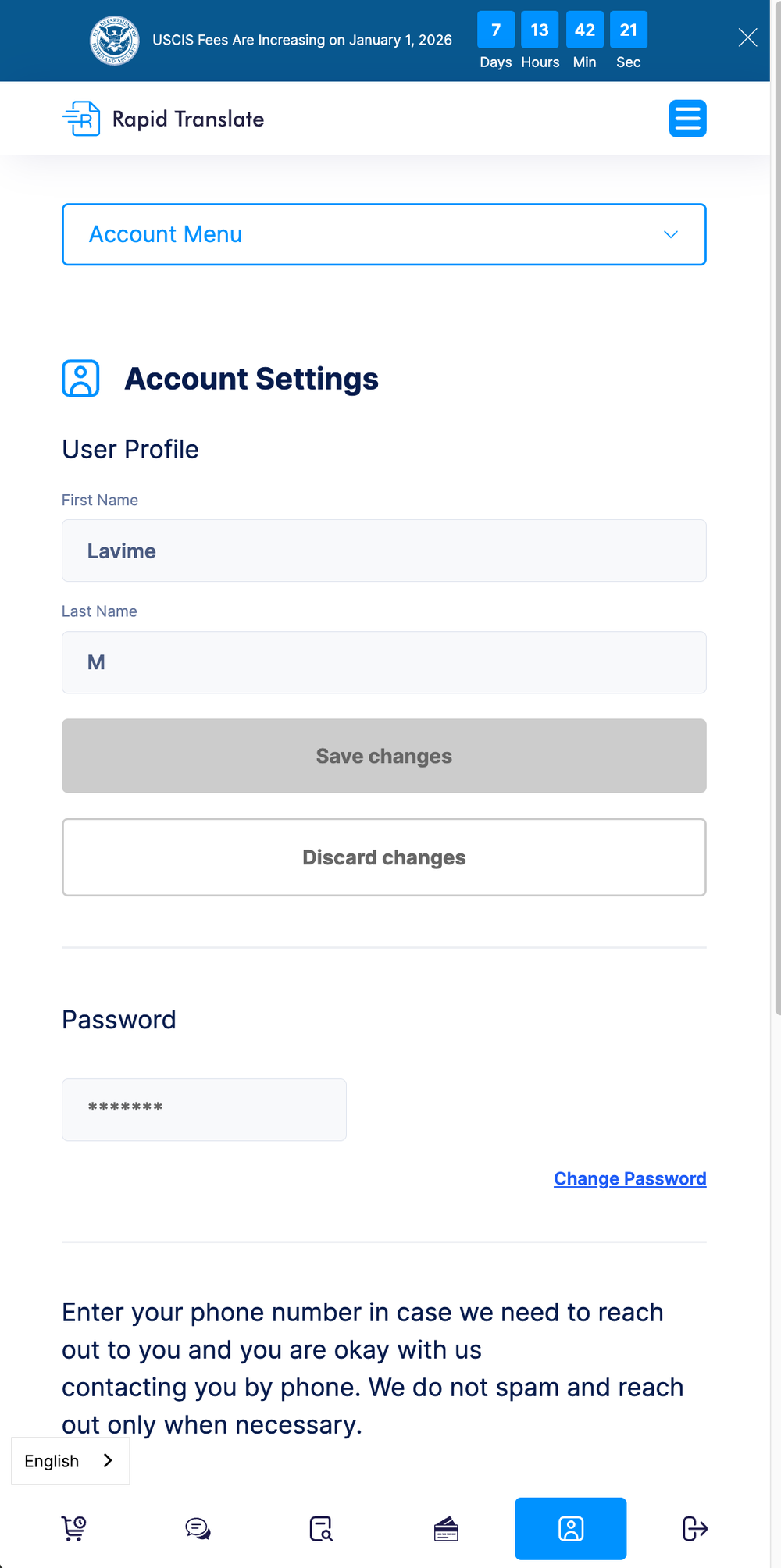 Account Settings dashboard — update your name, change your password, and manage phone contact preferences from a single screen.