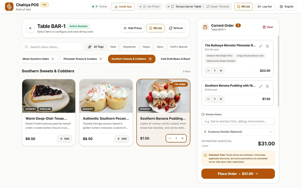 Chahiya POS ordering screen for a table, showing menu categories, dessert cards, an active order, item modifiers, and a Place Order button.