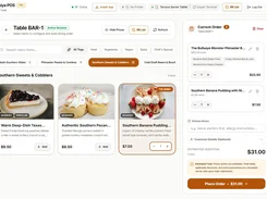 Chahiya POS ordering screen for a table, showing menu categories, dessert cards, an active order, item modifiers, and a Place Order button.