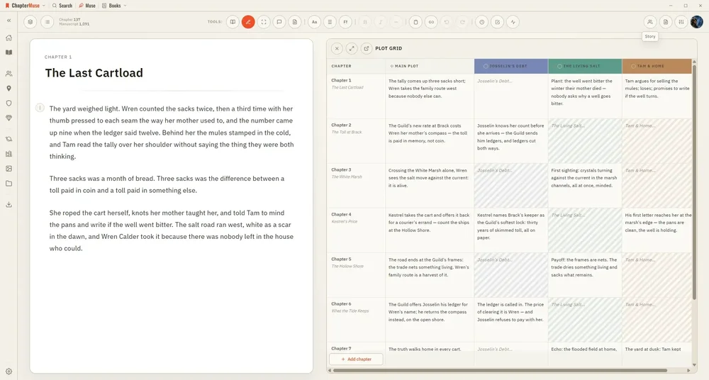 ChapterMuse writing workspace showing a chapter manuscript beside a multi-column plot grid.