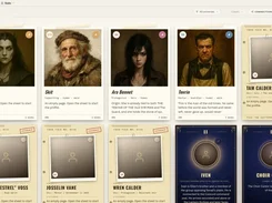 ChapterMuse Characters page displaying a grid of character cards with portraits, names, roles, and descriptions.