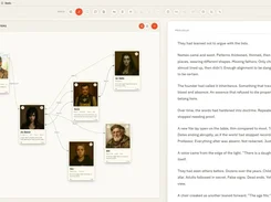 ChapterMuse workspace showing a character relationship map beside a prologue manuscript.