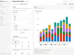 ChartOmodo chart builder showing data filter rules for paid invoices and a preview of a stacked Revenue by month bar chart, with chart type choices.