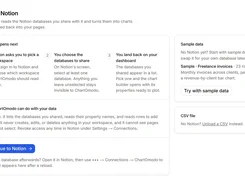 ChartOmodo Connect Notion page explaining workspace and database sharing, with options to continue to Notion, use sample data, or upload a CSV file.