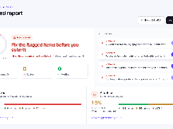 CheckYourDraft combined-report dashboard showing a document score of 5 out of 100, 15 critical citation issues, top-priority findings, citation status, and AI-writing analysis.
