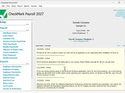 Dashboard: View the main CheckMark Payroll Software interface, with quick access to payroll tasks, reports, company details, and software updates.