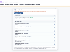 Chilview Page 1 phrase checker listing search phrases marked as on or not on Amazon Page 1, with position labels.