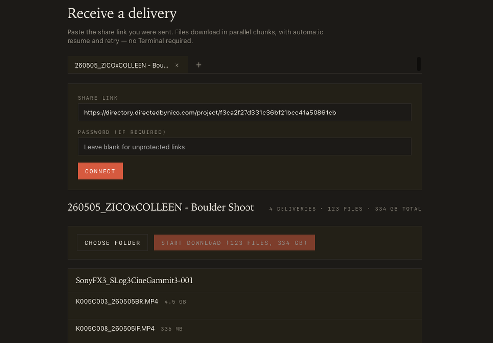 Chimping.io Receive a delivery page with a share-link field, password field, Connect button, project title, Start Download button, and video-file list.