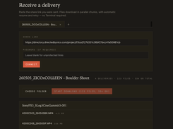 Chimping.io Receive a delivery page with a share-link field, password field, Connect button, project title, Start Download button, and video-file list.