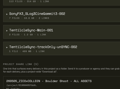 Chimping.io project page showing expandable delivery folders, file and size counts, and a Project Share Link section with Copy, Rename, and Archive buttons.