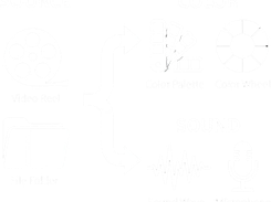 Diagram showing video reels and file folders branching to color palette, color wheel, sound wave, and microphone icons.
