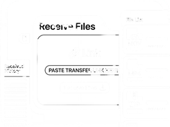 Diagram of a Receive Files panel with a transfer-link field and file-list cards for MOV, MP4, and ZIP downloads.