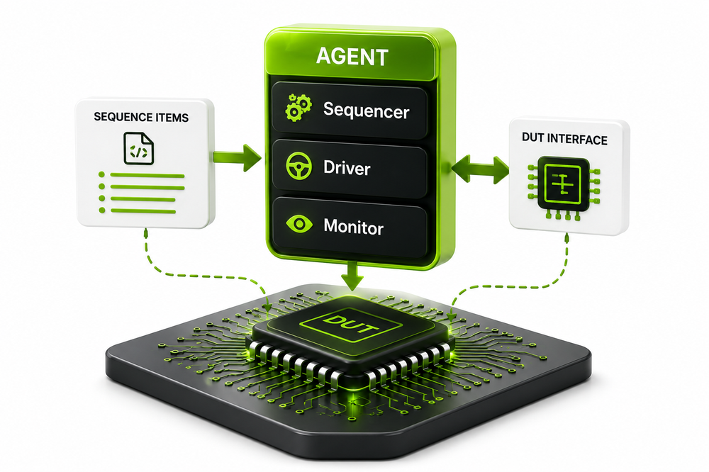 A UVM agent containing Sequencer, Driver, and Monitor is connected by arrows to Sequence Items, a DUT Interface, and a DUT chip.
