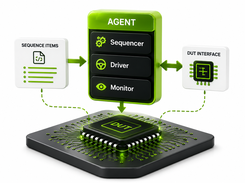 A UVM agent containing Sequencer, Driver, and Monitor is connected by arrows to Sequence Items, a DUT Interface, and a DUT chip.