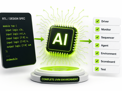 An RTL/design specification code panel feeds an AI chip, which outputs checked UVM components: Driver, Monitor, Sequencer, Agent, Environment, Scoreboard, and Test.