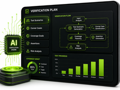A Verification Plan display shows a verification flow from input analysis through test-scenario generation, coverage planning, and risk analysis, plus test-progress and coverage-target charts.