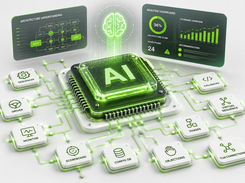 A central AI chip is connected to labeled verification components including Sequencer, Driver, Monitor, Scoreboard, Config DB, Objects, TLM Connections, Virtual Sequence, Callbacks, and Phases, with architecture and analysis panels above.