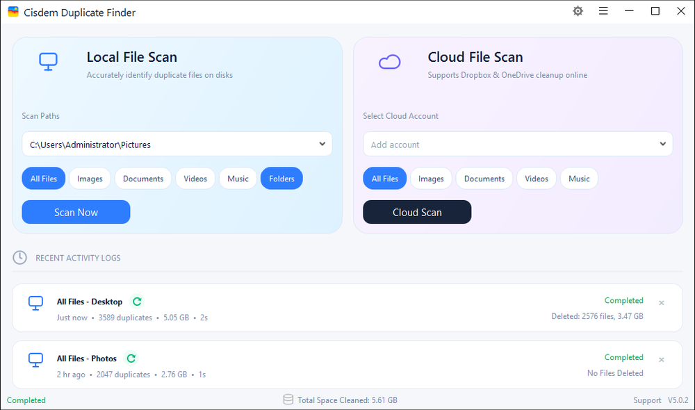 Add local folders and a cloud service to scan.