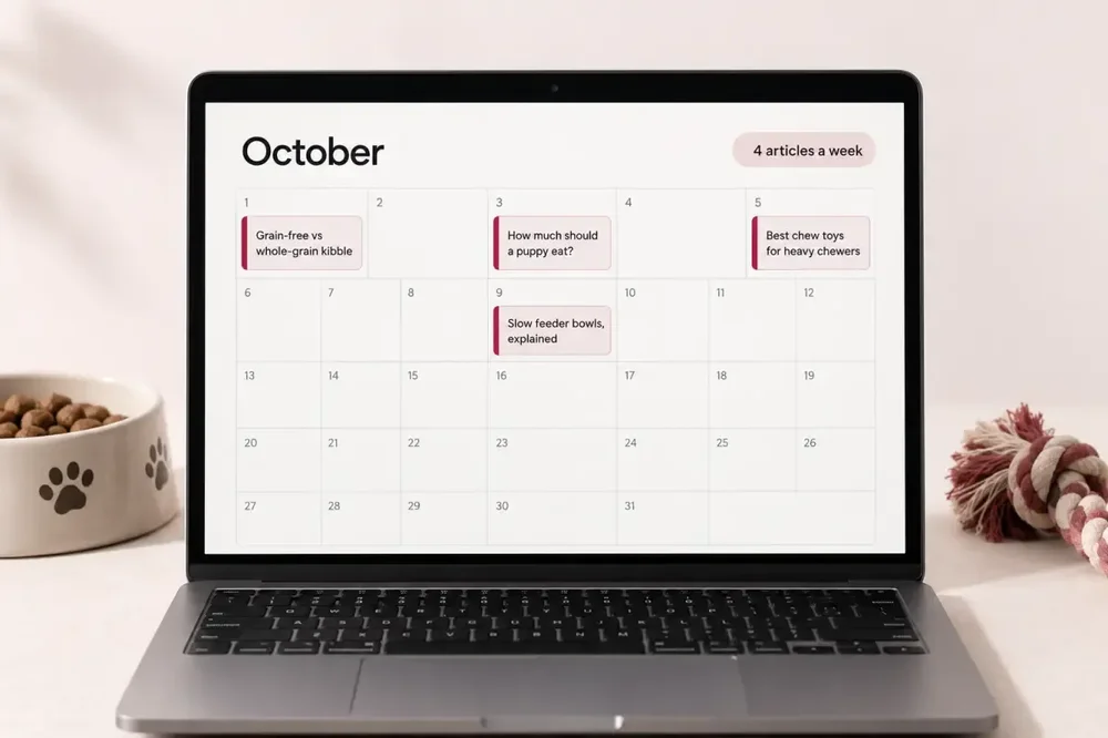 A laptop displays an October content calendar with article cards about pet food and chew toys.