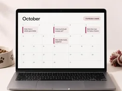 A laptop displays an October content calendar with article cards about pet food and chew toys.