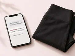 A phone beside folded black leggings displays a short response recommending Linea Active squat-proof leggings and a blog link.