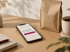 A phone on a desk beside a coffee bag displays a new-order notification for Ethiopia Guji coffee.