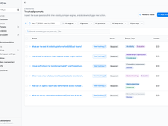 Tracked prompts show every buyer question you monitor, with visibility scores, measured answers per engine, and journey-stage tags. Search and filter by group, product, or segment, and use Research ideas to find new prompts worth tracking.