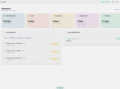 Light-theme leave allowance page showing entitlement, used days, requested days, adjustments, and leave requests.