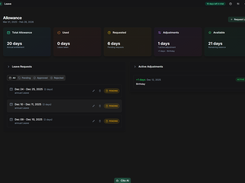 Dark-theme leave allowance page showing entitlement, used days, requested days, adjustments, and leave requests.