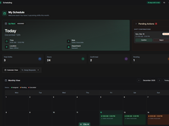 Dark-theme employee schedule showing an upcoming shift, confirmation action, totals, and monthly calendar.