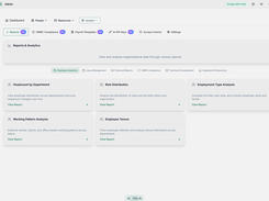 Light-theme Reports & Analytics page with report categories for headcount, role distribution, employment type, working patterns, and tenure.