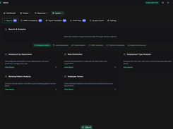 Dark-theme Reports & Analytics page with employee analytics report cards and report-category navigation.