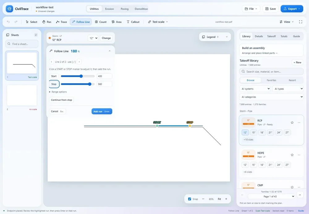 CivilTrace web application in a light interface showing the Follow Line tool, a plan drawing canvas with start and stop markers, sheet thumbnails, and a takeoff-material library panel.