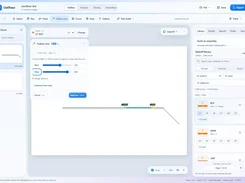 CivilTrace web application in a light interface showing the Follow Line tool, a plan drawing canvas with start and stop markers, sheet thumbnails, and a takeoff-material library panel.