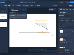 CivilTrace web application in a dark interface showing an area-tracing workflow on a plan canvas, material library cards for RCP and HDPE, and an AC Pavement Restoration confirmation.