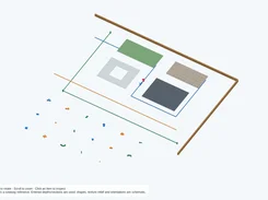 Three-dimensional plan visualization with colored boundary lines, rectangular surface areas, a cutaway frame, and small utility-like components; on-screen text says the plan is a cutaway reference and shapes are schematic.