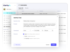ClarityQ Automation screen with an Add New Task dialog for scheduling a weekly sales-comparison report through Slack, email, or ClarityQ.
