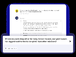 ClarityQ interface showing an analytics question about early mission-funnel drop-off, an analysis panel, and a date filter.