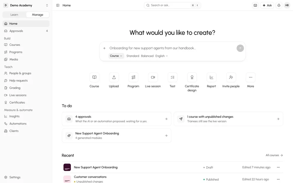 Classbase management dashboard for a demo academy, showing course-creation options, to-do approvals, and recent courses.