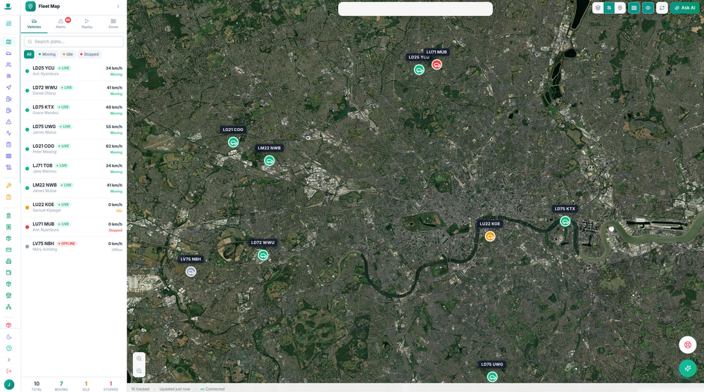 Live map:every vehicle's position and speed, updating every few seconds, on satellite, street or dark map. Works with the GPS trackers you already own.