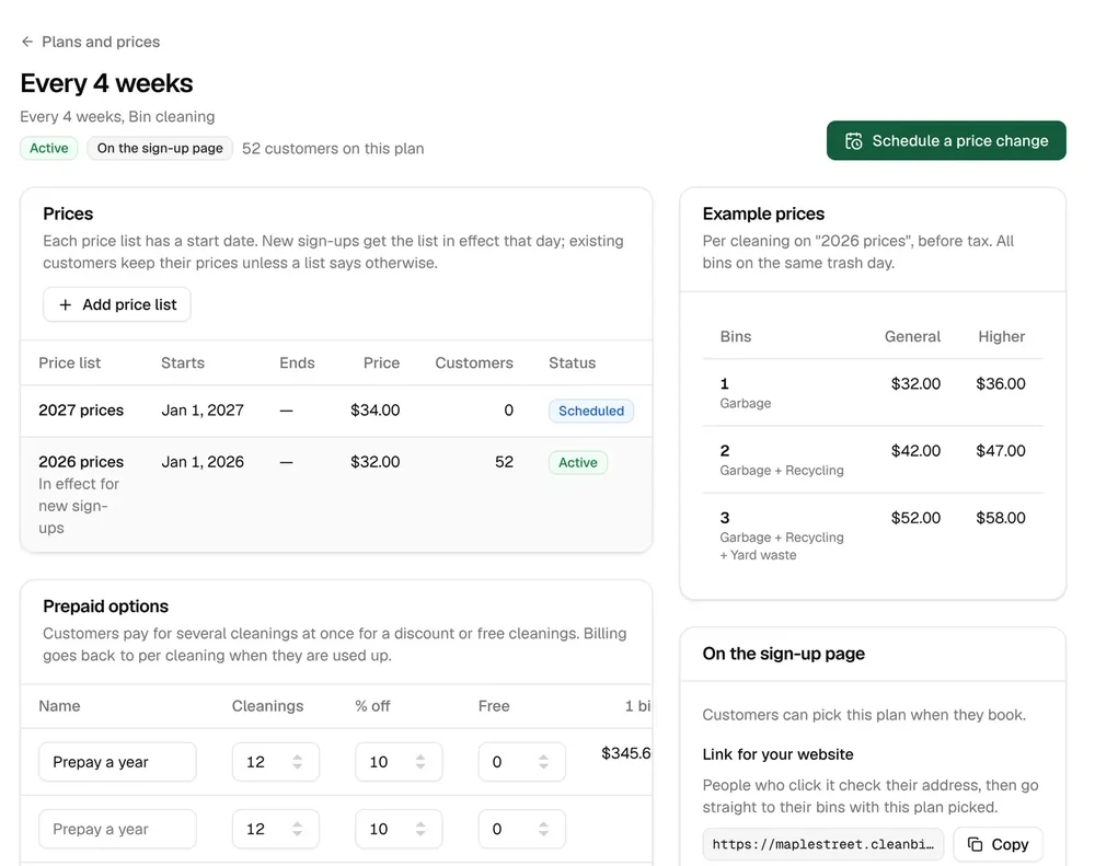 Plan-administration page for an every-four-weeks bin-cleaning service with scheduled price lists and example prices by bin count.