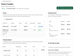 Plan-administration page for an every-four-weeks bin-cleaning service with scheduled price lists and example prices by bin count.