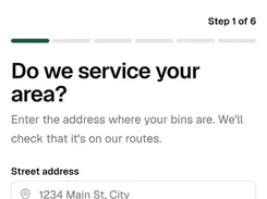 Mobile sign-up page for Maple Street Bins asking for a street address to check service availability.